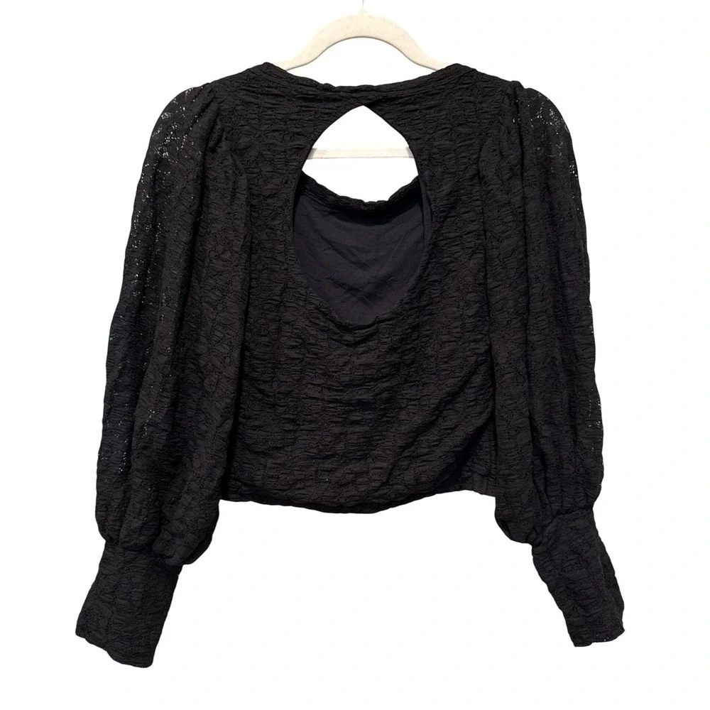 Free People Tea Time Lace Top Crop Balloon Sleeve M Black Open Back Textured